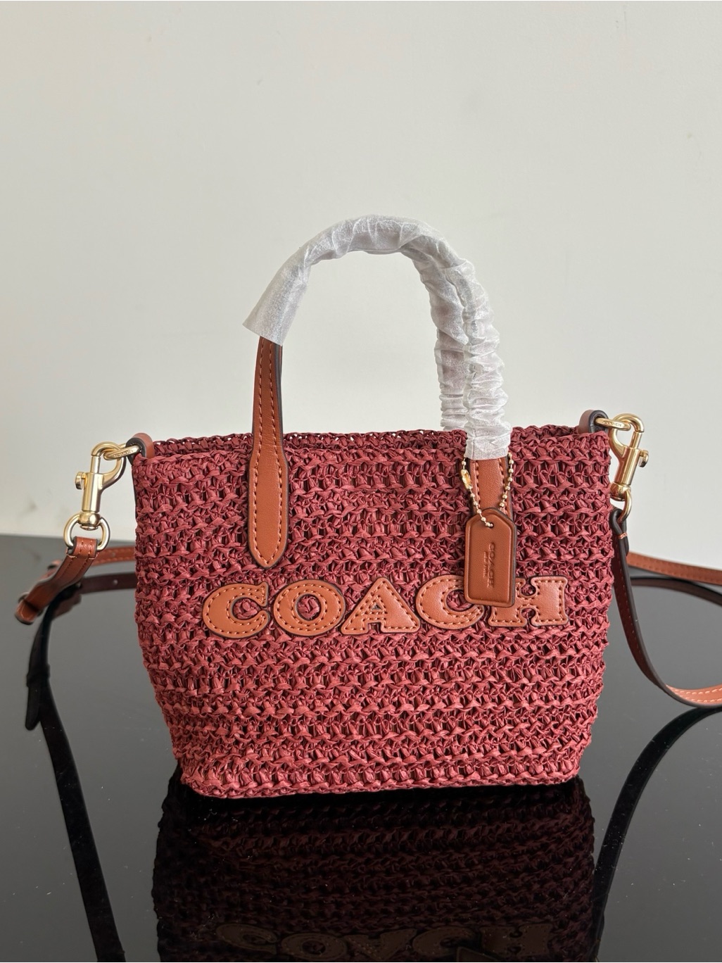 Coach Rose Pink Woven Straw Mini Tote With Tan Leather Trim